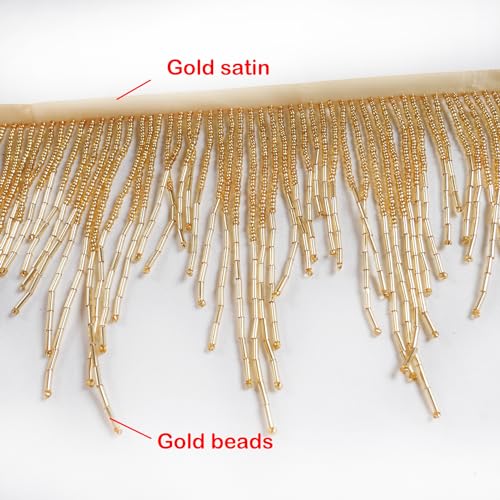 Labellezalady 1meter39inches Long 43inches Wide Gols Beads Fringe Trim Beads Fringe Belt Glass Beaded Wavy Water Shape Fringe Trim Ribbon Tassel Chain for Clothing Accessories DIY Decoration - Image 3