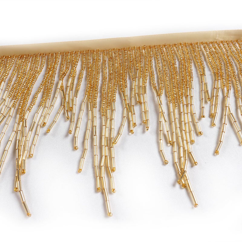 Labellezalady 1meter39inches Long 43inches Wide Gols Beads Fringe Trim Beads Fringe Belt Glass Beaded Wavy Water Shape Fringe Trim Ribbon Tassel Chain for Clothing Accessories DIY Decoration - Image 2