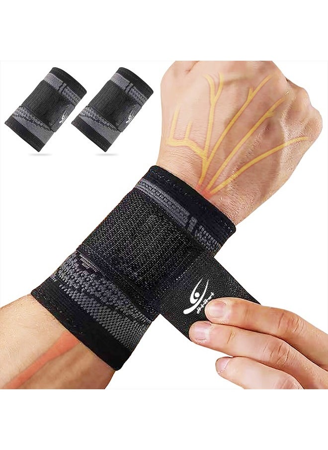 HiRui Wrist Brace/Wraps Wrist Compression Strap and Support for Work Fitness Weightlifting Sprains Tendonitis, Carpal Tunnel Arthritis, Pain Relief, Adjustable Wristbands 2 PACK (Black, M)  - Image 1