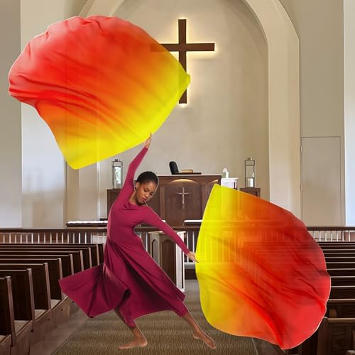 Baisdan 54x54 Worship Flags for Dance Church Praise Dance Flags for Worship Silklike Chiffon Flag with Flexible Rods Storage Bag Set of 2 YellowOrangeRed - Image 3