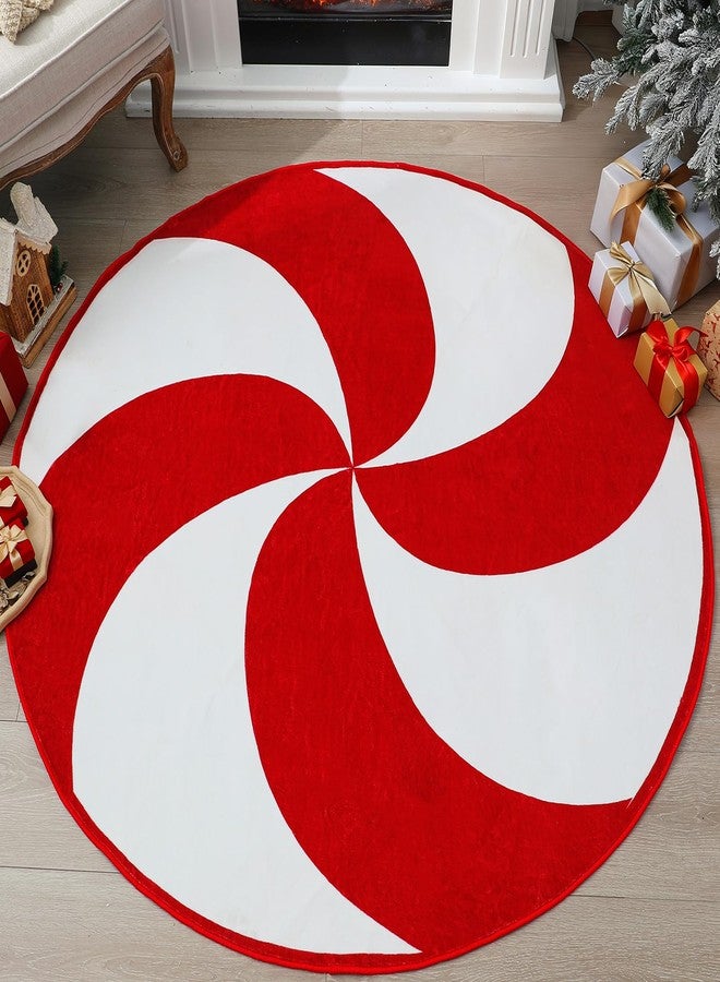 Drydiet 5Ft Round Christmas Rug Large Candy Cane Red and White Holiday Area Rug Peppermint Washable Non-Slip Christmas Tree Mat for Living Room Bedroom Entryway Indoor Outdoor Holiday Home Decor - Image 1