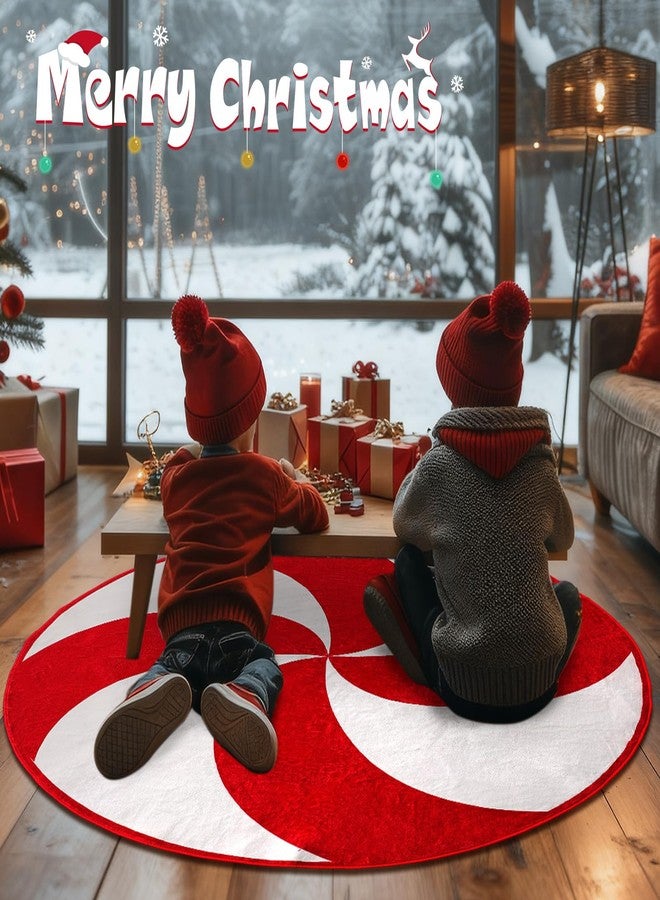 Drydiet 5Ft Round Christmas Rug Large Candy Cane Red and White Holiday Area Rug Peppermint Washable Non-Slip Christmas Tree Mat for Living Room Bedroom Entryway Indoor Outdoor Holiday Home Decor - Image 3