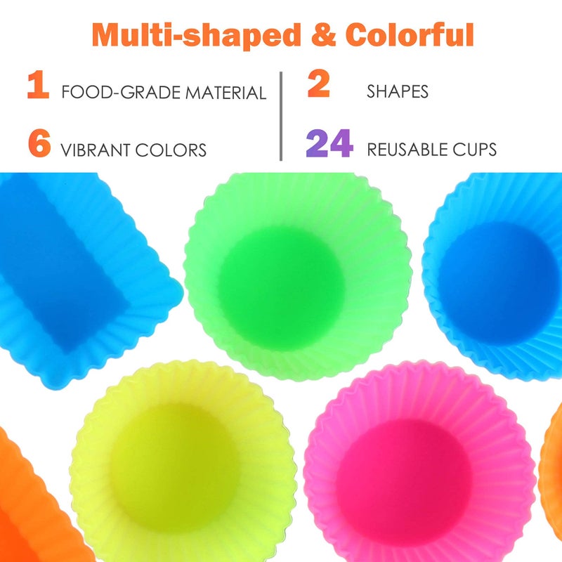 IPOW 24 Pack Silicone Cupcake Baking Cups Reusable Food-Grade BPA Free Non-Stick Muffin Liners Molds Sets, 2 Shapes Round Rectangle - Image 2