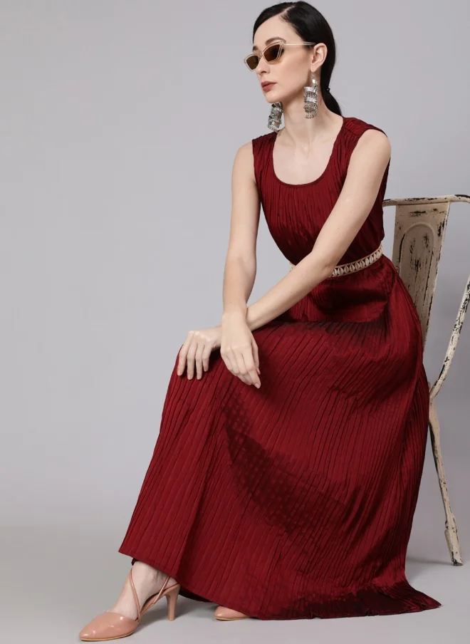 أيه كيه إس Maroon Sleeveless Fit & Flare Maxi Dress for Women