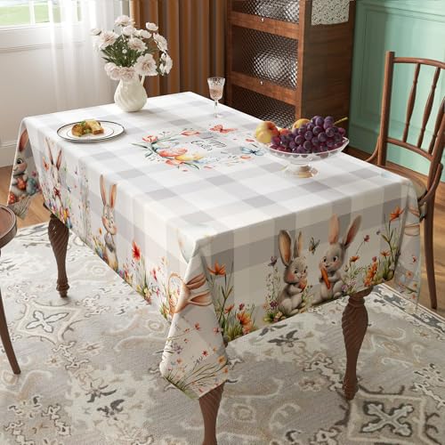 Esmorah Easter Tablecloth Rectangle 60x84 Inch Grey Plaid Bunny Happy Easter Tablecloths Spillproof Wrinkle Resistant Durable Washable Table Cover for Spring Picnic Dinner Table - Image 3