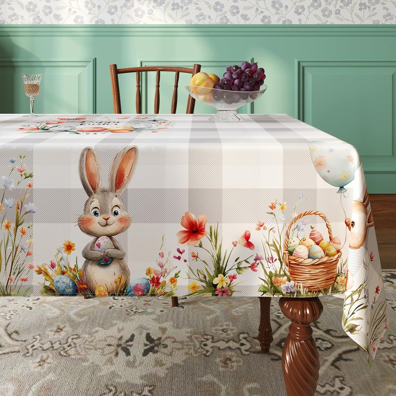 Esmorah Easter Tablecloth Rectangle 60x84 Inch Grey Plaid Bunny Happy Easter Tablecloths Spillproof Wrinkle Resistant Durable Washable Table Cover for Spring Picnic Dinner Table - Image 2