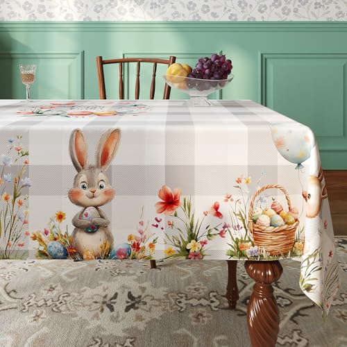 Esmorah Easter Tablecloth Rectangle 60x84 Inch Grey Plaid Bunny Happy Easter Tablecloths Spillproof Wrinkle Resistant Durable Washable Table Cover for Spring Picnic Dinner Table - Image 1