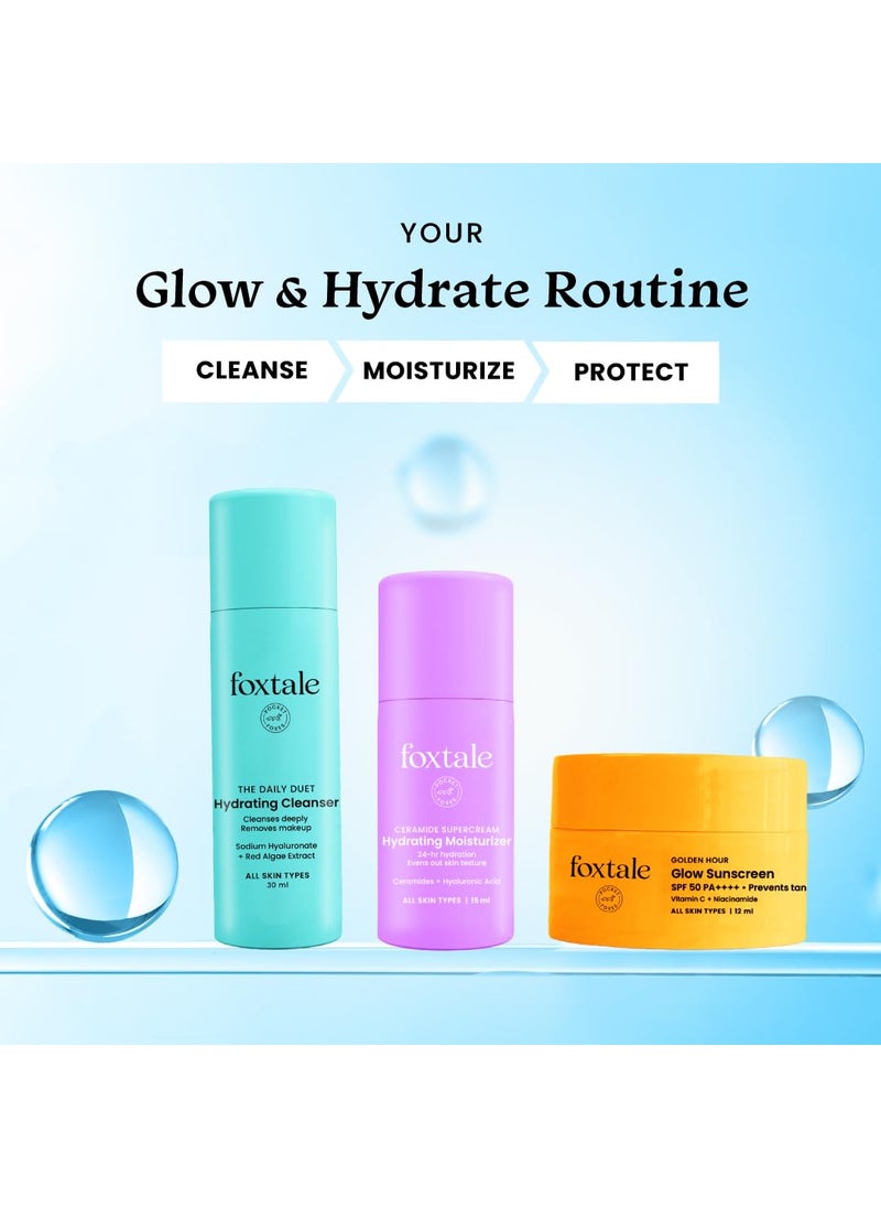 foxtale Foxtale Dewy Morning Travel Kit Hydrating Face Wash 24Hr Moisturizer SPF 50 Sunscreen 100 Glow 24Hr Hydration Zero White Cast With Hyaluronic Acid Ceramides Vitamin C Travel Pouch Included Pack of 3 Travel Friendly Pocket Friendly Gift for Birthday and Anniversary  - Image 2