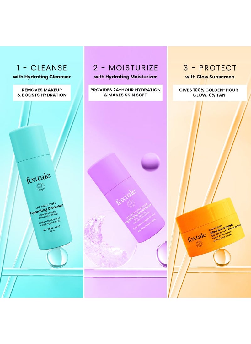 foxtale Foxtale Dewy Morning Travel Kit Hydrating Face Wash 24Hr Moisturizer SPF 50 Sunscreen 100 Glow 24Hr Hydration Zero White Cast With Hyaluronic Acid Ceramides Vitamin C Travel Pouch Included Pack of 3 Travel Friendly Pocket Friendly Gift for Birthday and Anniversary  - Image 4