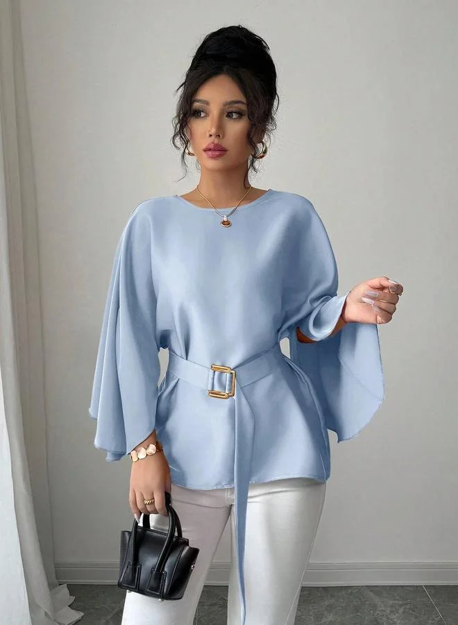 Take Two Blue Long Sleeve Belted Blouse