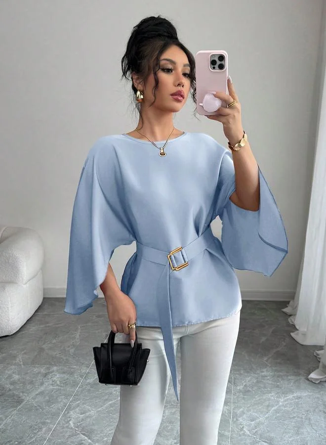 Take Two Blue Long Sleeve Belted Blouse