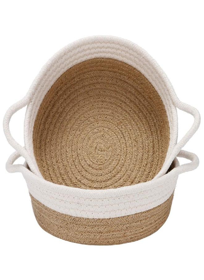 Sea Team - Sea Team 2-Pack Cotton Rope Baskets, 10 x 3 Inches Small Woven Storage Basket, Fabric Tray, Bowl, Round Open Dish for Fruits, Jewelry, Keys, Sewing Kits (Flaxen & White) - Image 1