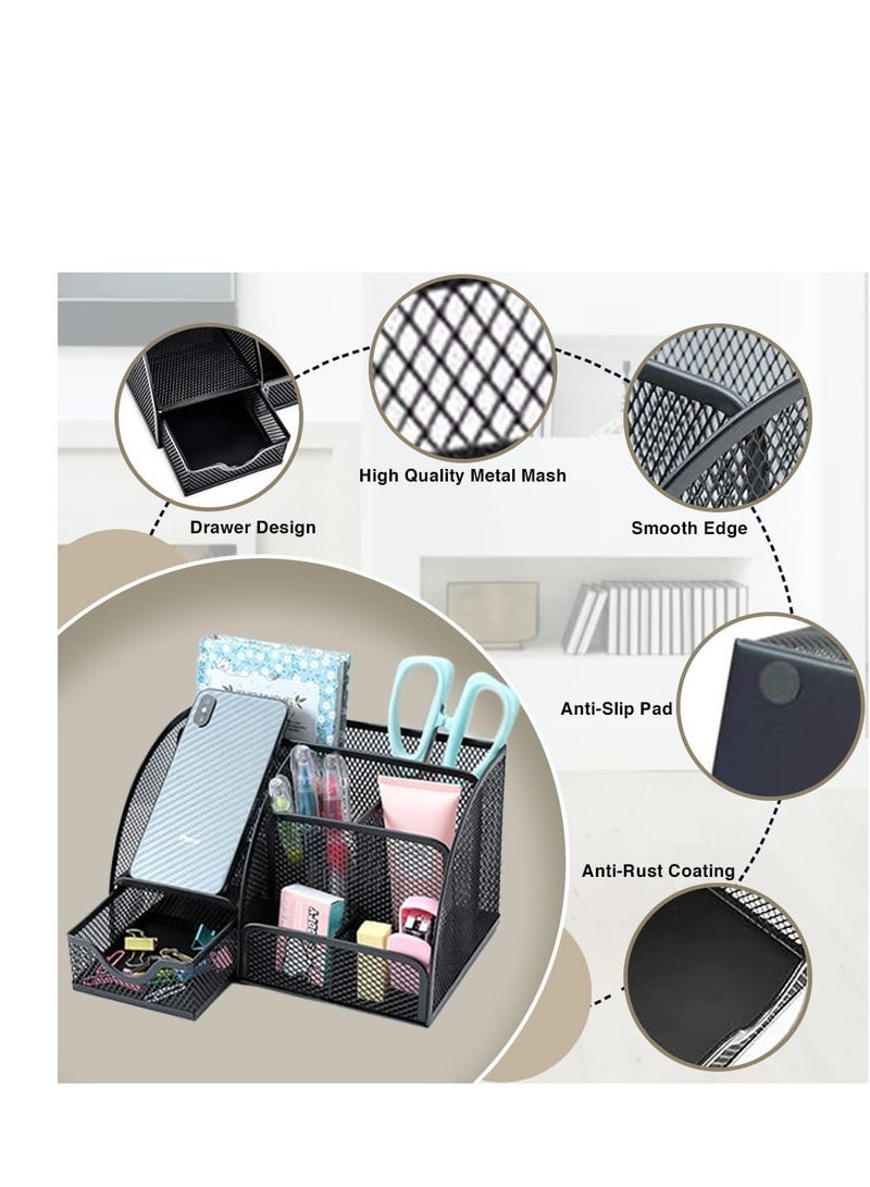 Terabyte Desk Organizer Mesh Pen Holder with 6 Compartments and 1 Drawer Stationery Organizers for Home Office School Classroom Multifunctional - Image 1