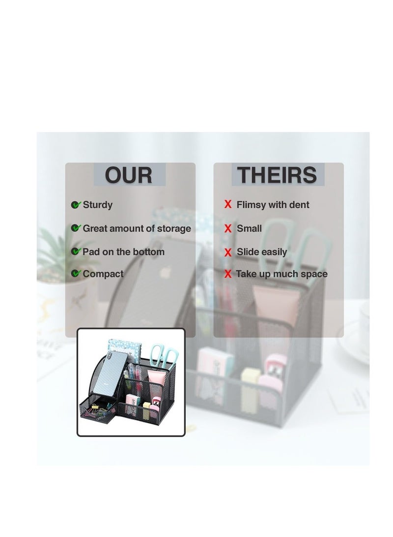 Terabyte Desk Organizer Mesh Pen Holder with 6 Compartments and 1 Drawer Stationery Organizers for Home Office School Classroom Multifunctional - Image 2