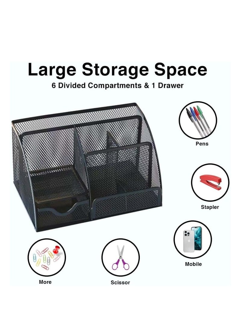 Terabyte Desk Organizer Mesh Pen Holder with 6 Compartments and 1 Drawer Stationery Organizers for Home Office School Classroom Multifunctional - Image 3
