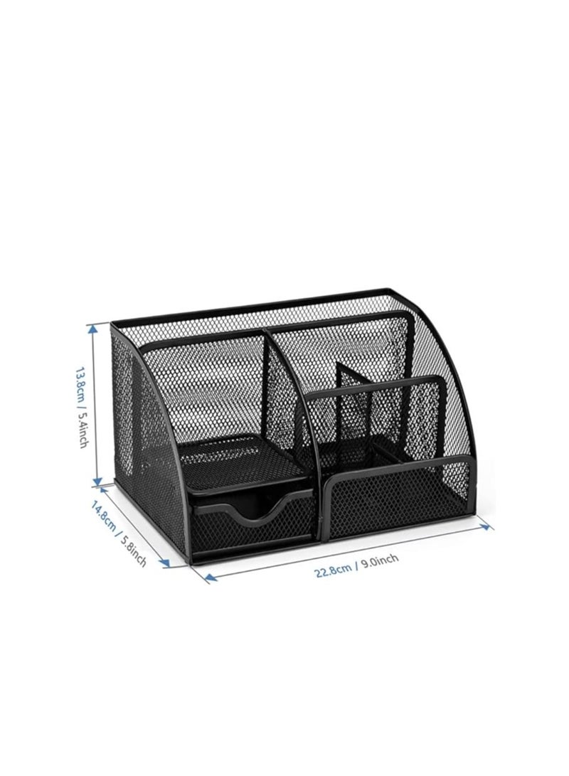 Terabyte Desk Organizer Mesh Pen Holder with 6 Compartments and 1 Drawer Stationery Organizers for Home Office School Classroom Multifunctional - Image 4