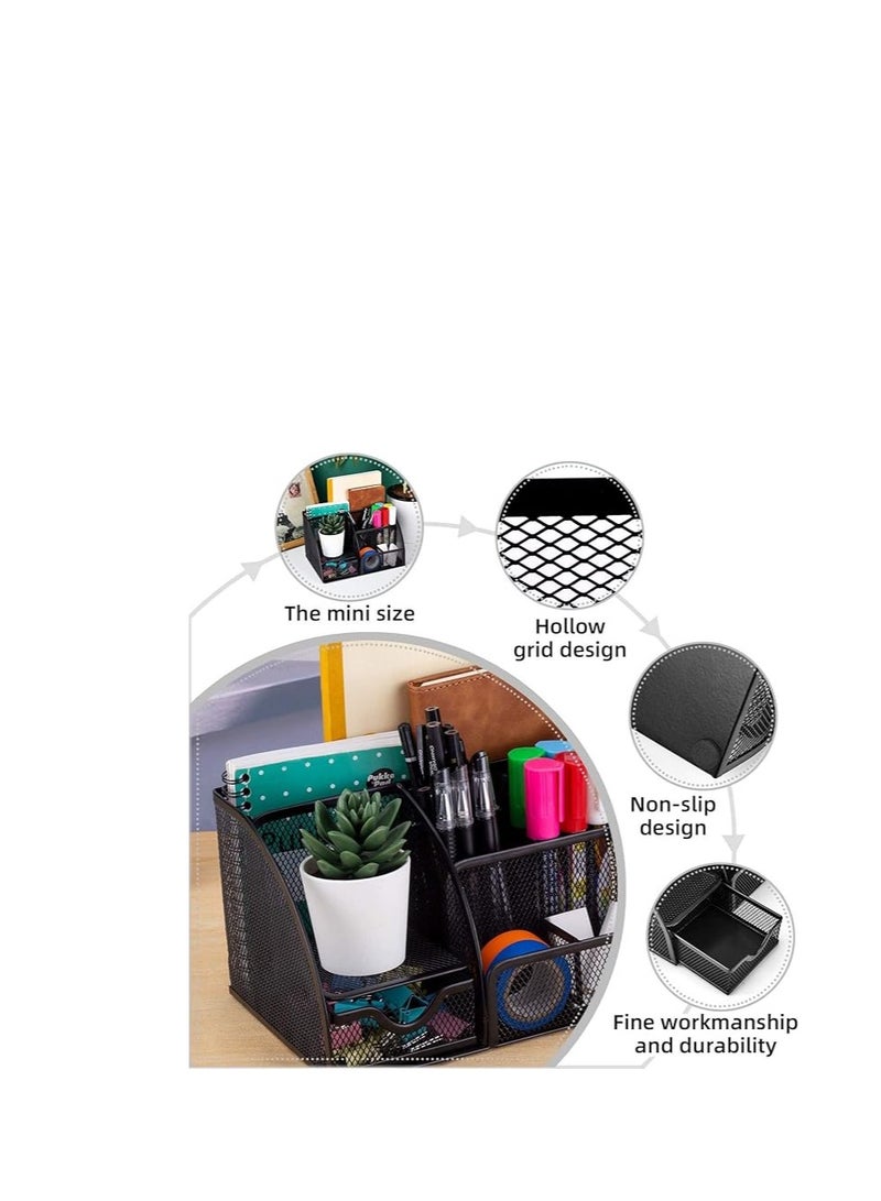 Terabyte Desk Organizer Mesh Pen Holder with 6 Compartments and 1 Drawer Stationery Organizers for Home Office School Classroom Multifunctional - Image 5