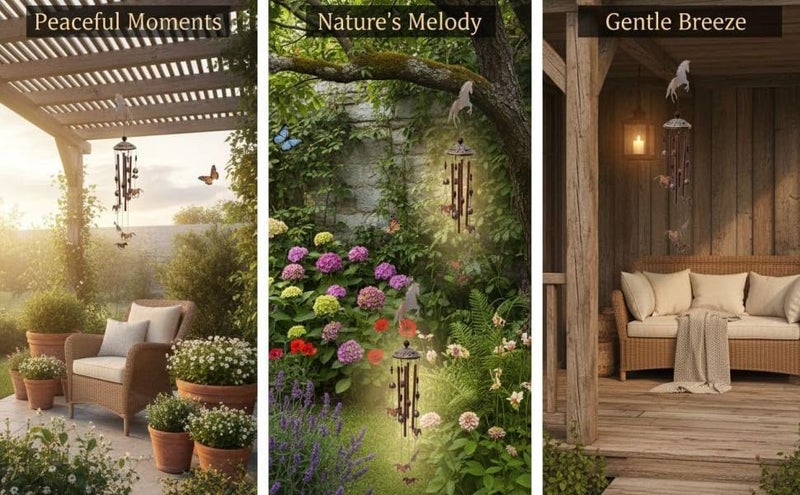 جرس رياح حصان بمظهر نحاسي أحمر عام، أجراس رياح معدنية موسيقية، تصميم يدوي الصنع، 11.8 × 4.7 × 2 بوصة / 30 × 12 × 5 سم - Image 5
