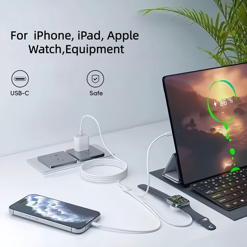 كابل شحن أبيض من نوع USB A 3 × 1 لساعات Apple Watch وأجهزة iPhone وSamsung وأندرويد - Image 2