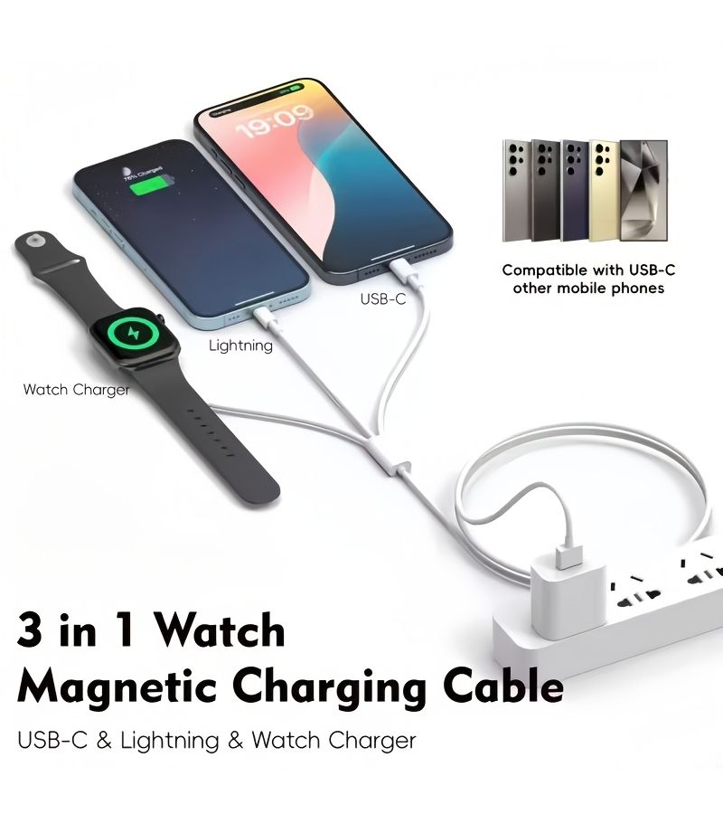 كابل شحن أبيض من نوع USB A 3 × 1 لساعات Apple Watch وأجهزة iPhone وSamsung وأندرويد - Image 4