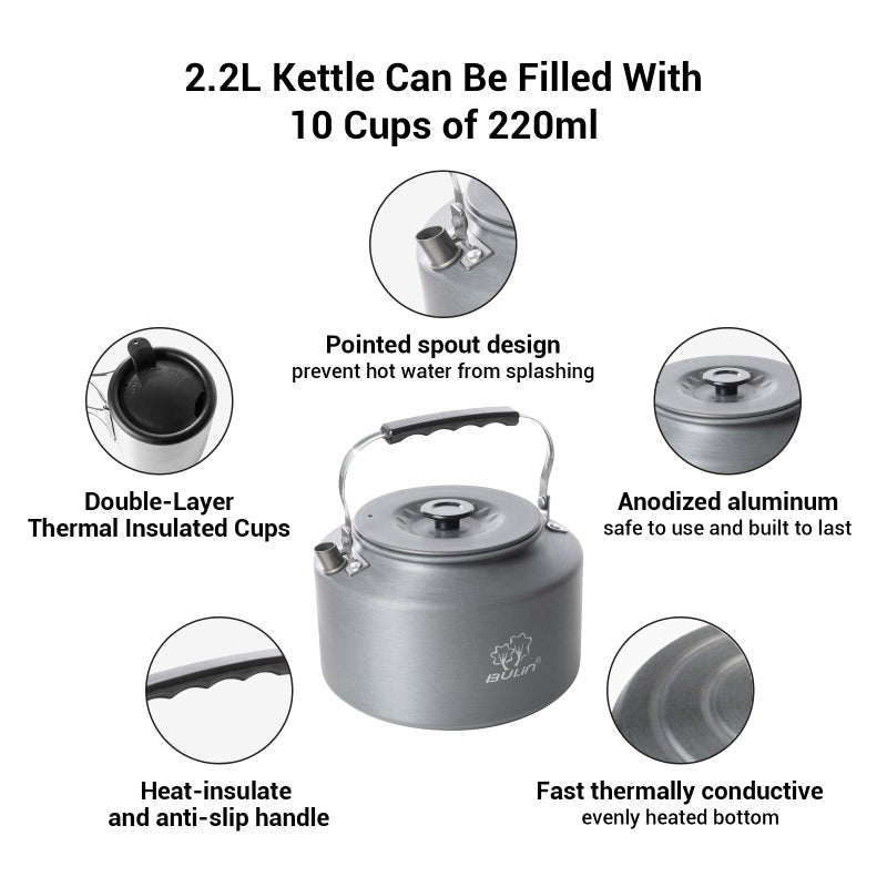 Bulin Camping Kettle, 2.2L Large Portable Stovetop Tea Kettle Fast Heating Boiling Hot Water for Open Fire Lightweight Coffee Pot with 2 Camping Cups & Lids for Outdoor Hiking Picnic Travel - Image 3