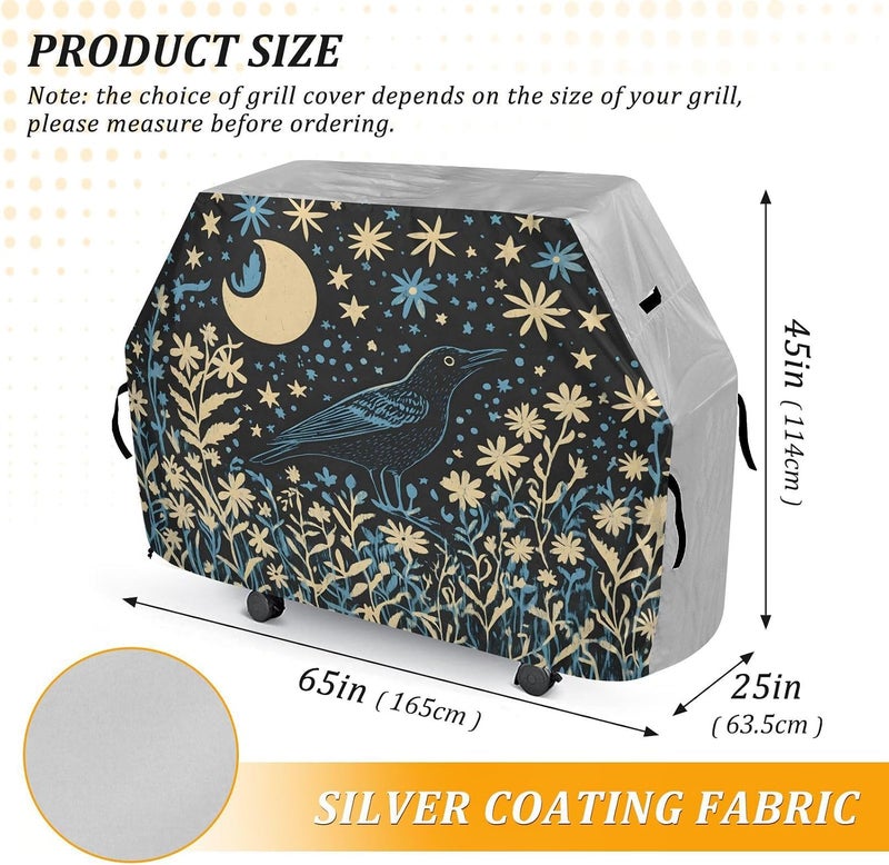 senya Premium Grill Cover Waterproof Linocut Illustration of A Blackbird Flowers A Moon Barbecue Cover Fade Resistant BBQ Cover Heavy Duty Fits Grill Widths Up to 25 in - Image 3