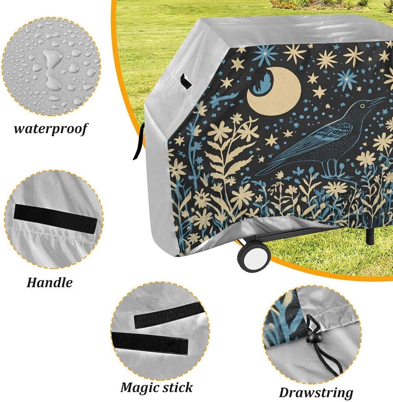 senya Premium Grill Cover Waterproof Linocut Illustration of A Blackbird Flowers A Moon Barbecue Cover Fade Resistant BBQ Cover Heavy Duty Fits Grill Widths Up to 25 in - Image 4