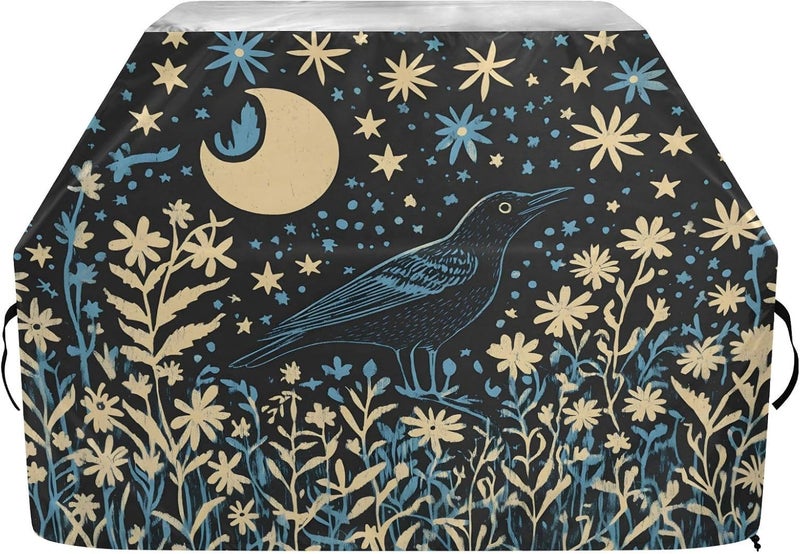 senya Premium Grill Cover Waterproof Linocut Illustration of A Blackbird Flowers A Moon Barbecue Cover Fade Resistant BBQ Cover Heavy Duty Fits Grill Widths Up to 25 in - Image 1