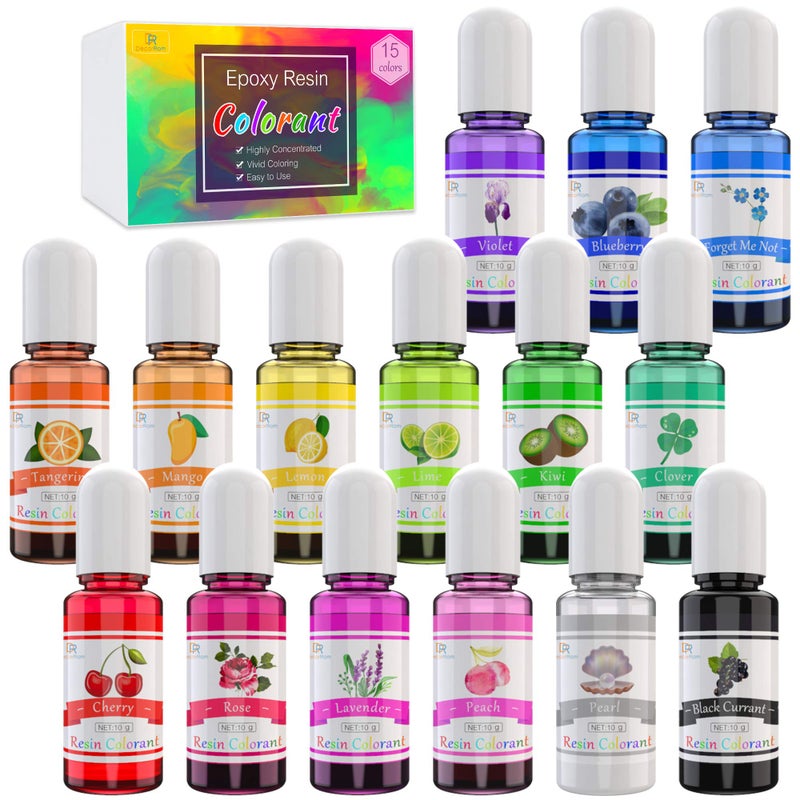 DecorRom Epoxy Resin Pigment - 15 Color Liquid Epoxy Resin Dye - Highly Concentrated Epoxy Resin Colorant for Resin Color Art, DIY Jewelry Making Supplies - AB Resin Coloring for Paint, Crafts - 10ml Each - Image 1