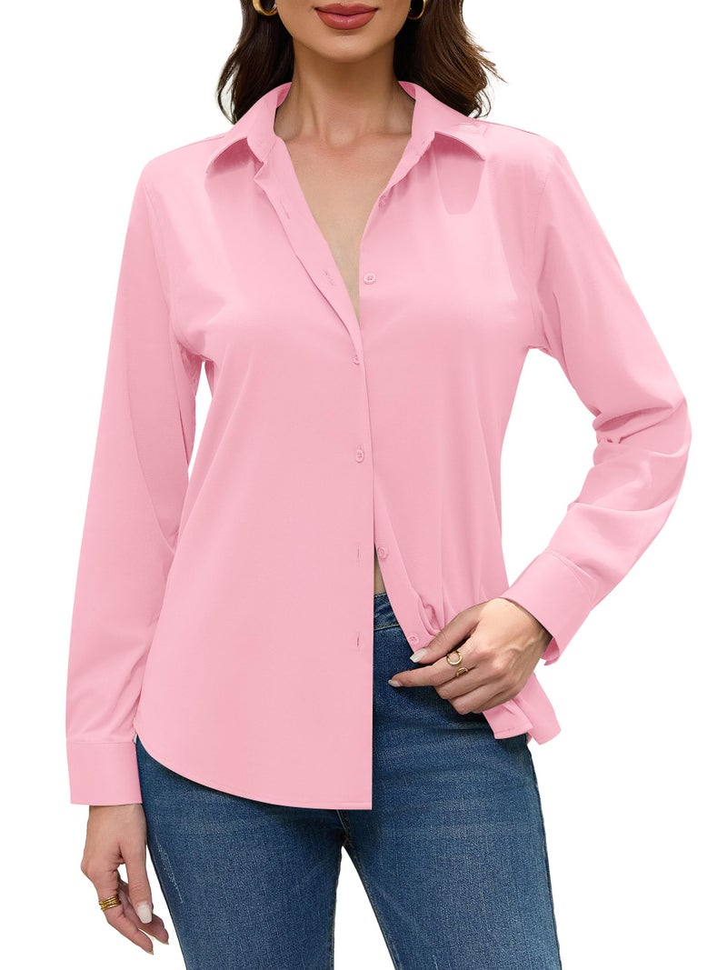 COUXILY Pink Shirts for Women Button Down Up Dress Collared Silk Shirt Women's Blouse Long Sleeve Top Business Collar Slim Fit Tops Elegant Ladies Blouses Dressy Casual Work Wrinkle Free Pink Size L - Image 4