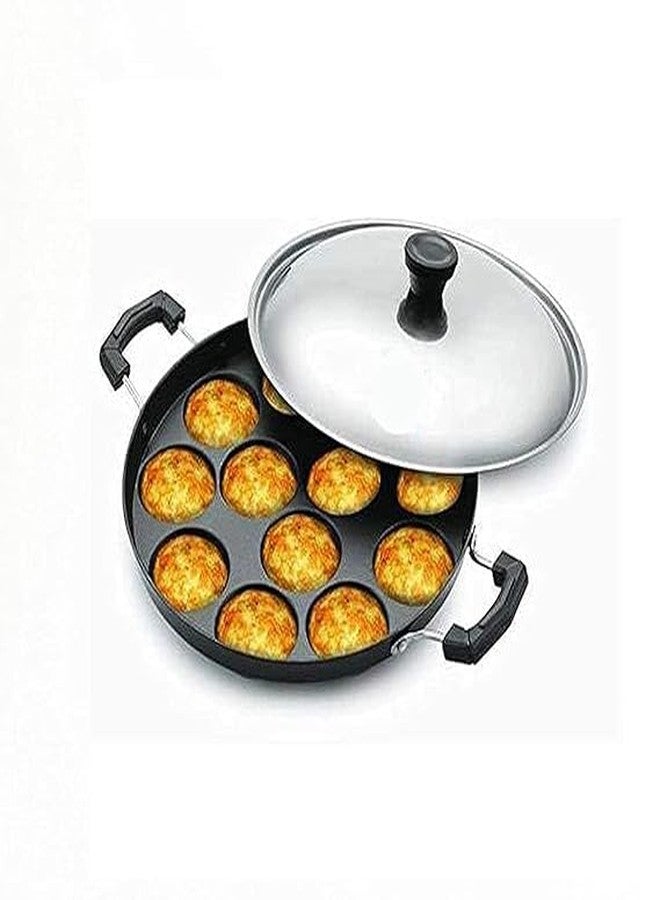 AESTROKE Non-Stick Appam Maker Pan with Lid, 12 Cavity, Double Handle, Black - Image 2