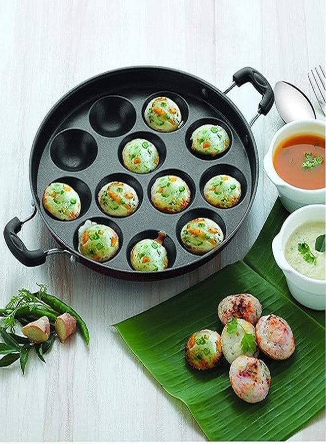 AESTROKE Non-Stick Appam Maker Pan with Lid, 12 Cavity, Double Handle, Black - Image 1