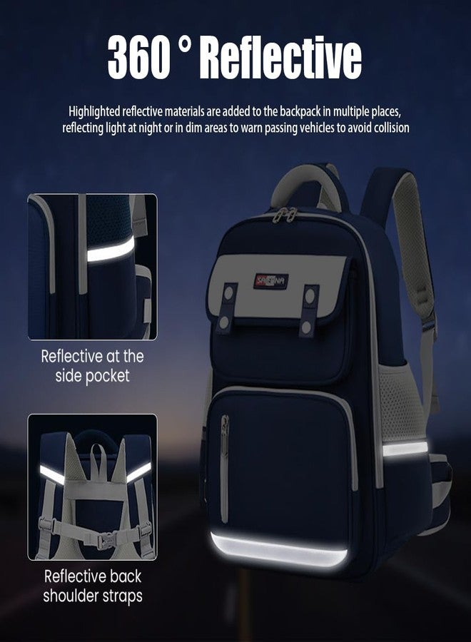 PALAY® School Backpack for Kids Waterproof School Backpack with Chest Buckle & Reflective Strip Kids Burden-relief for 5-10 Years Old,Dark Blue - Image 3