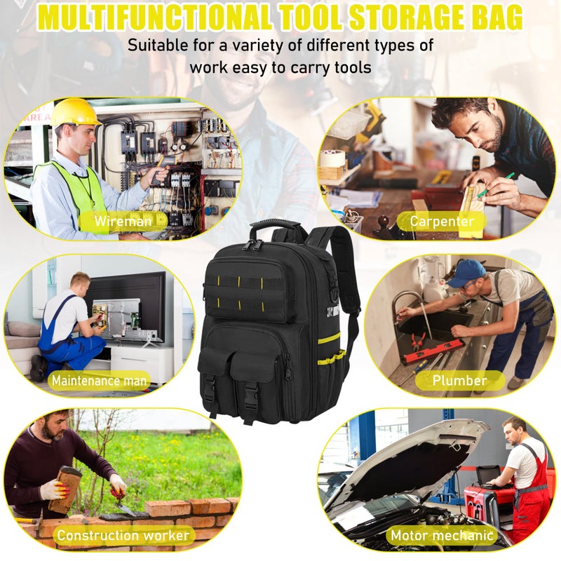 LASUK Tool Backpack for Men, Heavy Duty Tool Bag with Removable Tool Organizer, Durable Water-Resistant Work Backpack, Upgrade(Black & Yellow) - Image 3