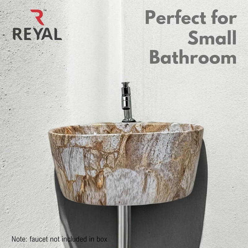 Reyal Premium Ceramic Triangular Corner Wash basin For BathroomWall Mount Basin 365 X345 X150 MM Ceramic Tabletop BasinSmall Corner SinkBathroom Basin Light Marble stone Glossy - Image 2