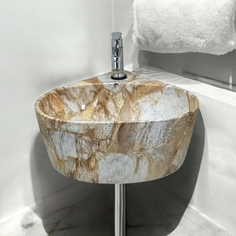 Reyal Premium Ceramic Triangular Corner Wash basin For BathroomWall Mount Basin 365 X345 X150 MM Ceramic Tabletop BasinSmall Corner SinkBathroom Basin Light Marble stone Glossy - Image 1