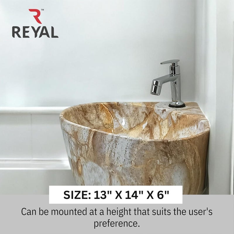 Reyal Premium Ceramic Triangular Corner Wash basin For BathroomWall Mount Basin 365 X345 X150 MM Ceramic Tabletop BasinSmall Corner SinkBathroom Basin Light Marble stone Glossy - Image 3