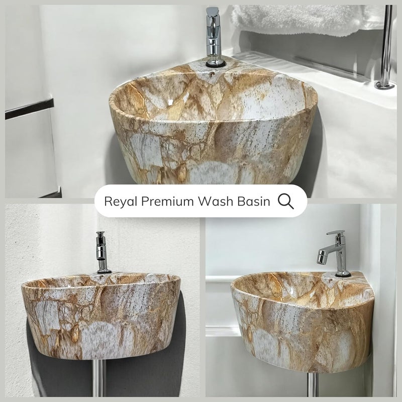Reyal Premium Ceramic Triangular Corner Wash basin For BathroomWall Mount Basin 365 X345 X150 MM Ceramic Tabletop BasinSmall Corner SinkBathroom Basin Light Marble stone Glossy - Image 5