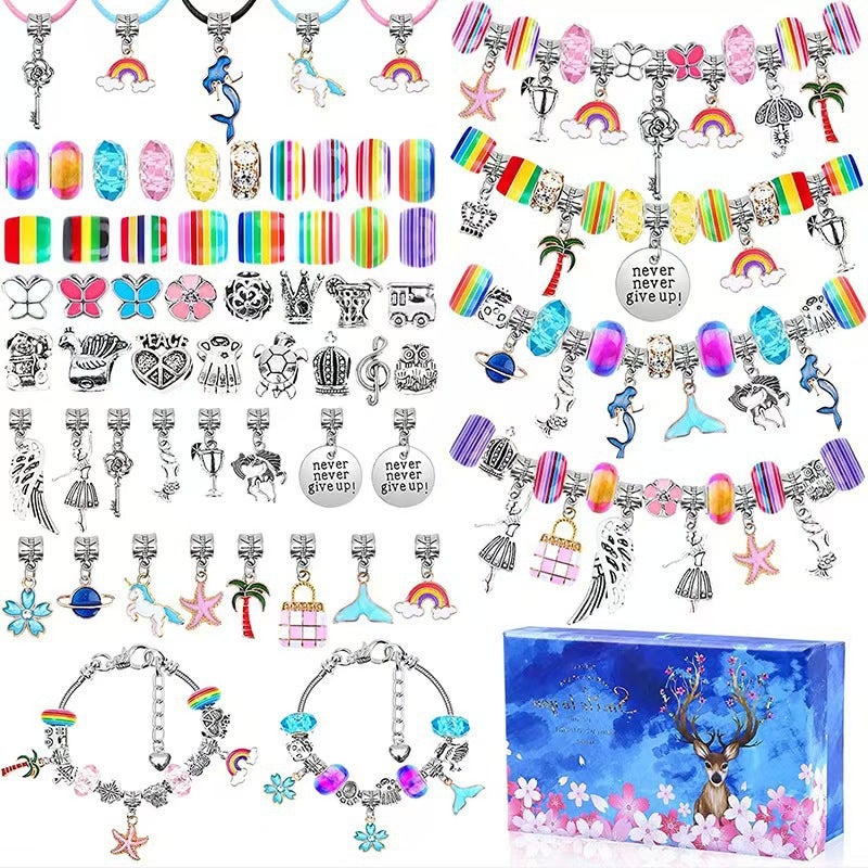Colorful Unicorn Beads DIY Bracelet Kit Crystal Jewelry Childrens Gift Box Cartoon Character Alloy Fresh Sweet Style 112PCS suit 
