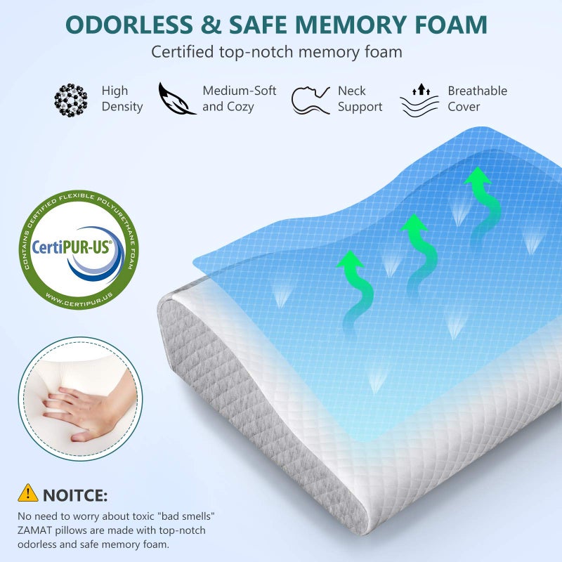 ZAMAT Contour Memory Foam Pillow for Neck Pain Relief, Adjustable Ergonomic Cervical Pillow for Sleeping, Orthopedic Neck Pillow with Washable Cover, Bed Pillows for Side, Back, Stomach Sleepers - Image 3