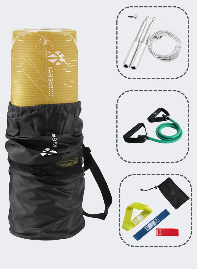 كانجرو مجموعة فرشة التمارين سمك 15 ملي اصفر مع حبل نط احترافي فضي ورباط ثلاثي حبل مقاومة مفرد اخضر