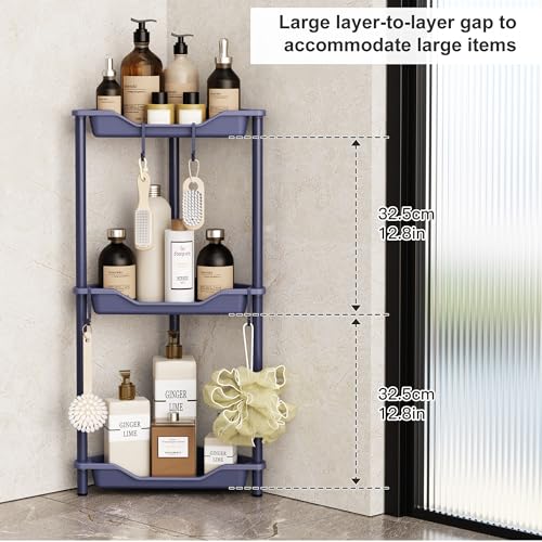 Orimade Rustproof 3 Tier Floor Standing Corner Shower Caddy Organizer, Plastic Metal Splicing Floor Corner Shelf Rack Stands for Bathroom, Bluish-Purple - Image 4