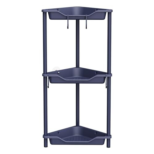 Orimade Rustproof 3 Tier Floor Standing Corner Shower Caddy Organizer, Plastic Metal Splicing Floor Corner Shelf Rack Stands for Bathroom, Bluish-Purple - Image 1