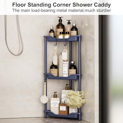 Orimade Rustproof 3 Tier Floor Standing Corner Shower Caddy Organizer, Plastic Metal Splicing Floor Corner Shelf Rack Stands for Bathroom, Bluish-Purple - Image 2