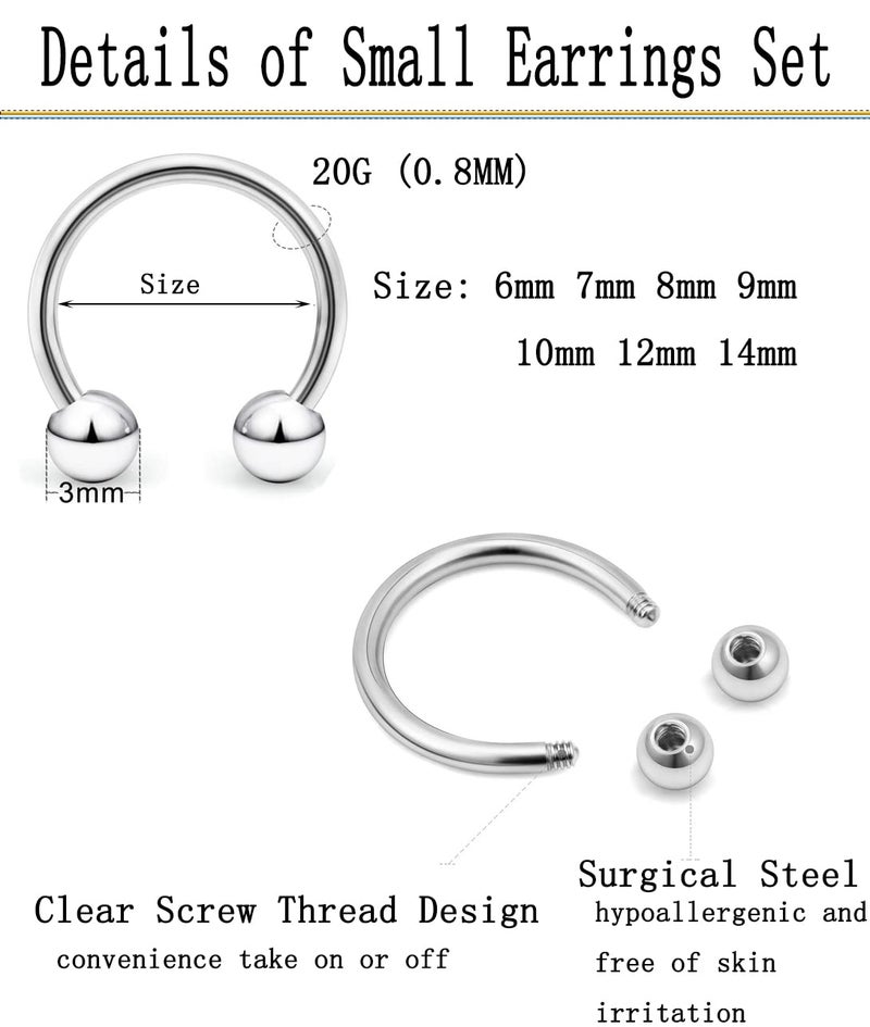 Earmark 20G Horseshoe Septum Nose Nostril Ring Hoop, 7 Pairs Circular Curved Barbell Externally Threaded, Silver Small Body Piercing Jewelry Set for Multiple Piercings - Image 4