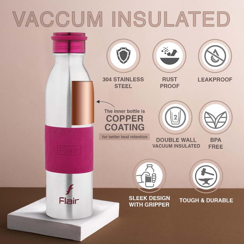 Flair Look PRO Insulated Steel Bottle | Upto 24 Hours Hot & Cold | Leakproof, BPA-Free, Tough & Durable, Copper Coated-Double Walled, Rust Free Water Bottle (900 ml,Purple) - Image 4