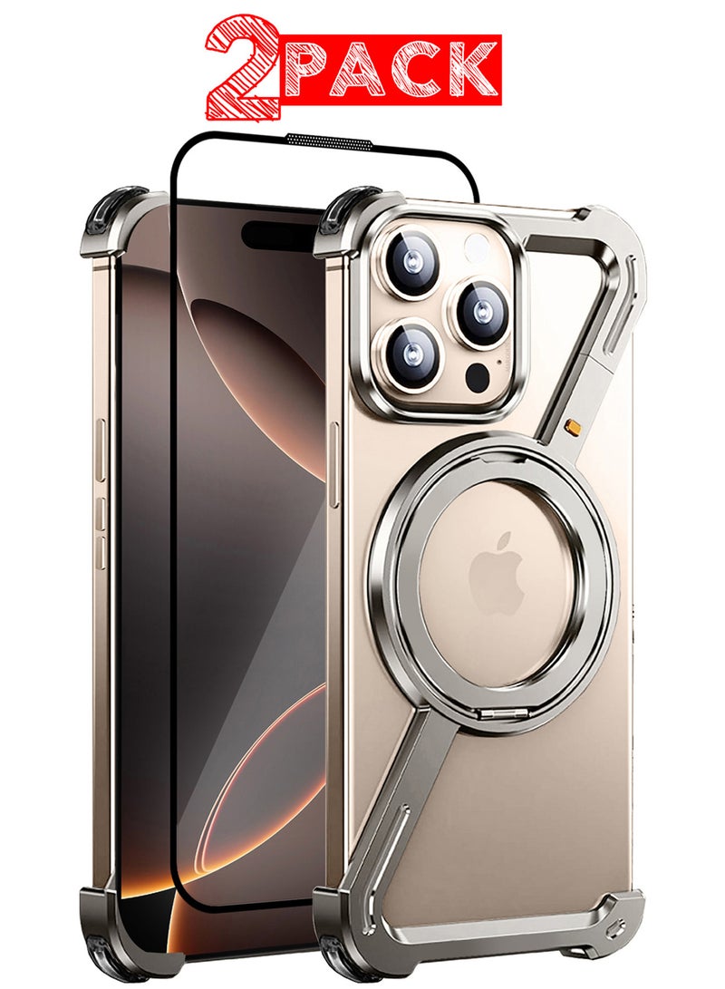 (لـ iPhone 16 Pro Max) حزمة 2 غلاف وواقي شاشة دوران 360°، قاعدة من الألمنيوم والمعدن، بدون إطار، غلاف واقي بدرجة صدمة فضي - Image 1