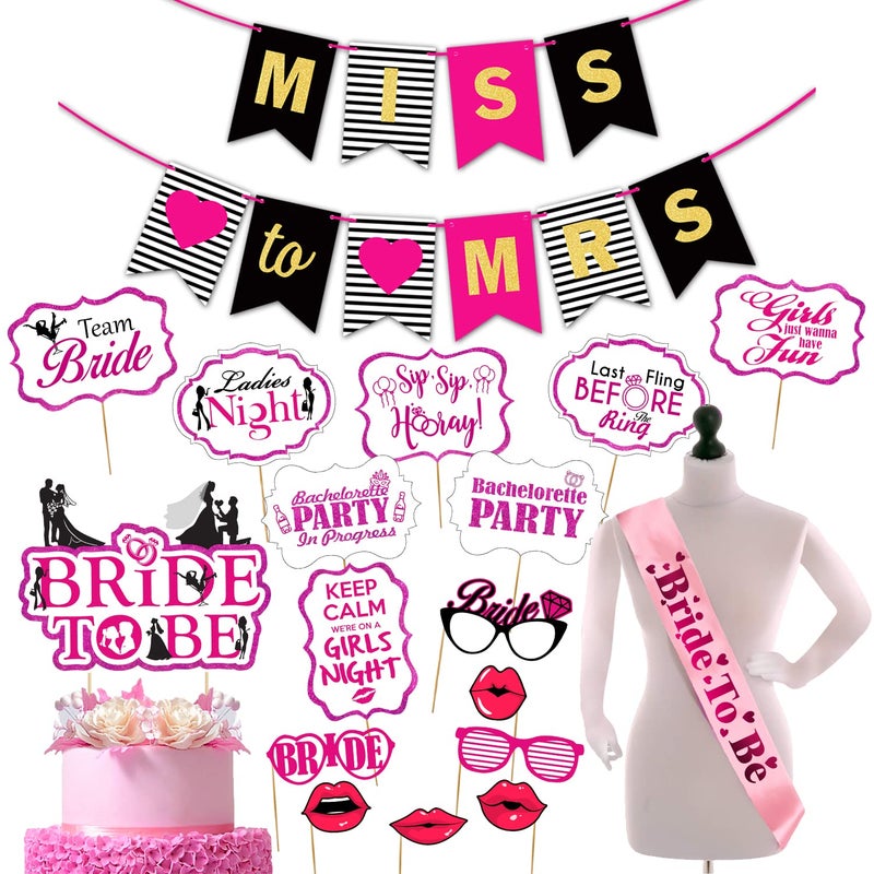 Zyozique Bridal Shower Decorations Supplies | Bachelorette Party Decorations Items - Miss To Be Paper Banner , Photo Booth Props with Cake Topper & Sash (Pack Of 18) - Image 1