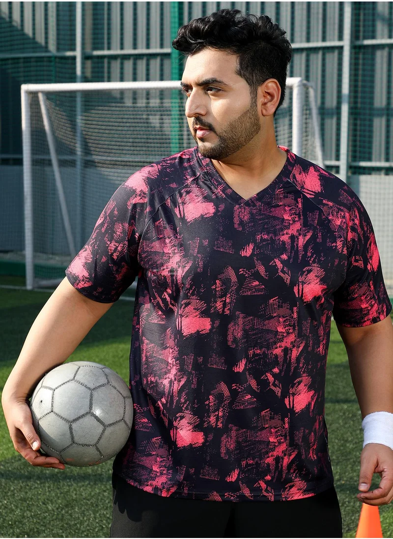 انستافاب بلس Instafab Plus Men's Scarelet Red & Midnight Black Abstract-Imprint Activewear T-Shirt For Casual Wear | V-Neck | Short Sleeves | Plus Size Jersey T-Shirt Crafted With Comfort Fit For Everyday Wear
