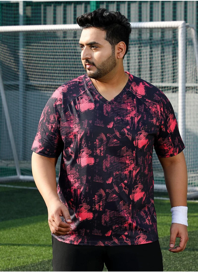 انستافاب بلس Instafab Plus Men's Scarelet Red & Midnight Black Abstract-Imprint Activewear T-Shirt For Casual Wear | V-Neck | Short Sleeves | Plus Size Jersey T-Shirt Crafted With Comfort Fit For Everyday Wear